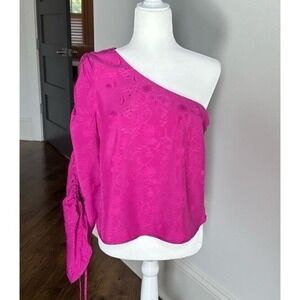 Topshop Top Women's Size 6 Pink Flower Print Jacquard One Shoulder Pullover